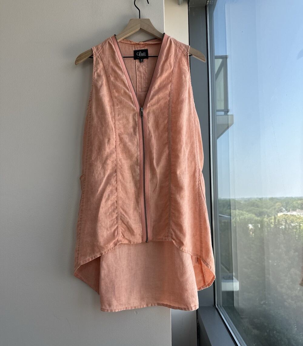 Luii Orange Linen Top Zip Front V-Neck Pockets Sleeveless Women's M